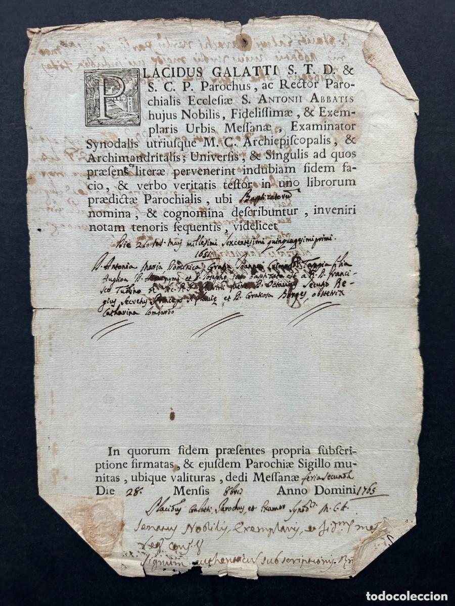 Manoscritti antichi: A&Ntilde;O 1765 - PARTIDA DE BAUTISMO DE UNA NOBLE EN MESSINA - SELLO REPUBLICA DE GENOVA