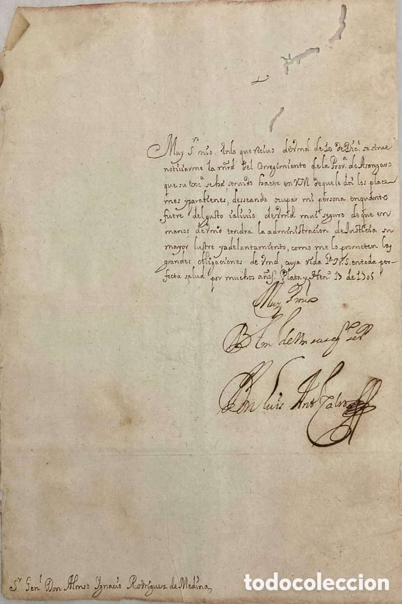 Manuscritos antiguos: Carta manuscrita dirigida al General Alonso Rodriguez de Medina. La Plata - Per&uacute;. 1705
