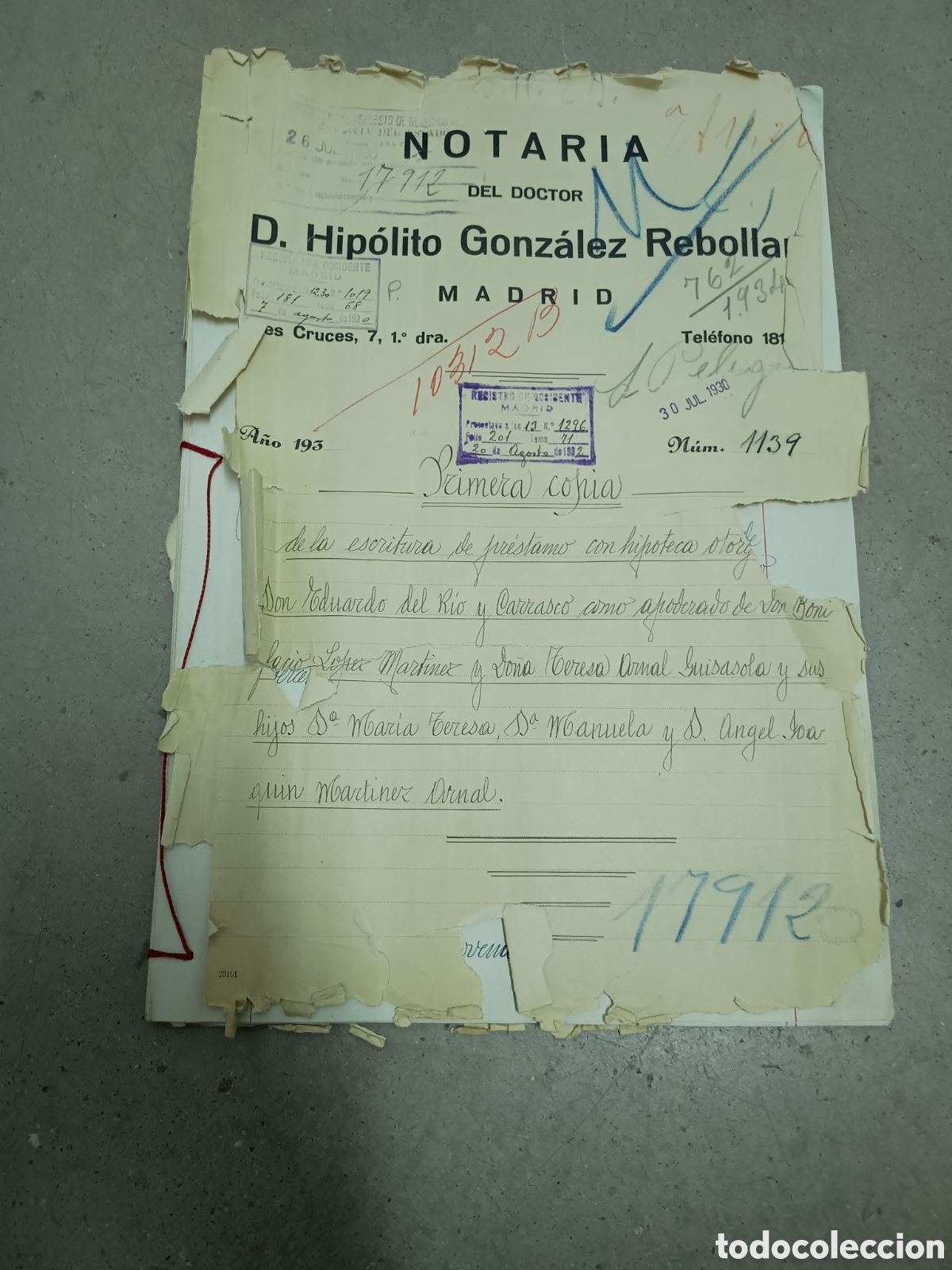 Manuscritos antiguos: 1930 MADRID PRIMERA COPIA MANUSCRITA ESCRITURA PRESTAMO HIPOTECARIO