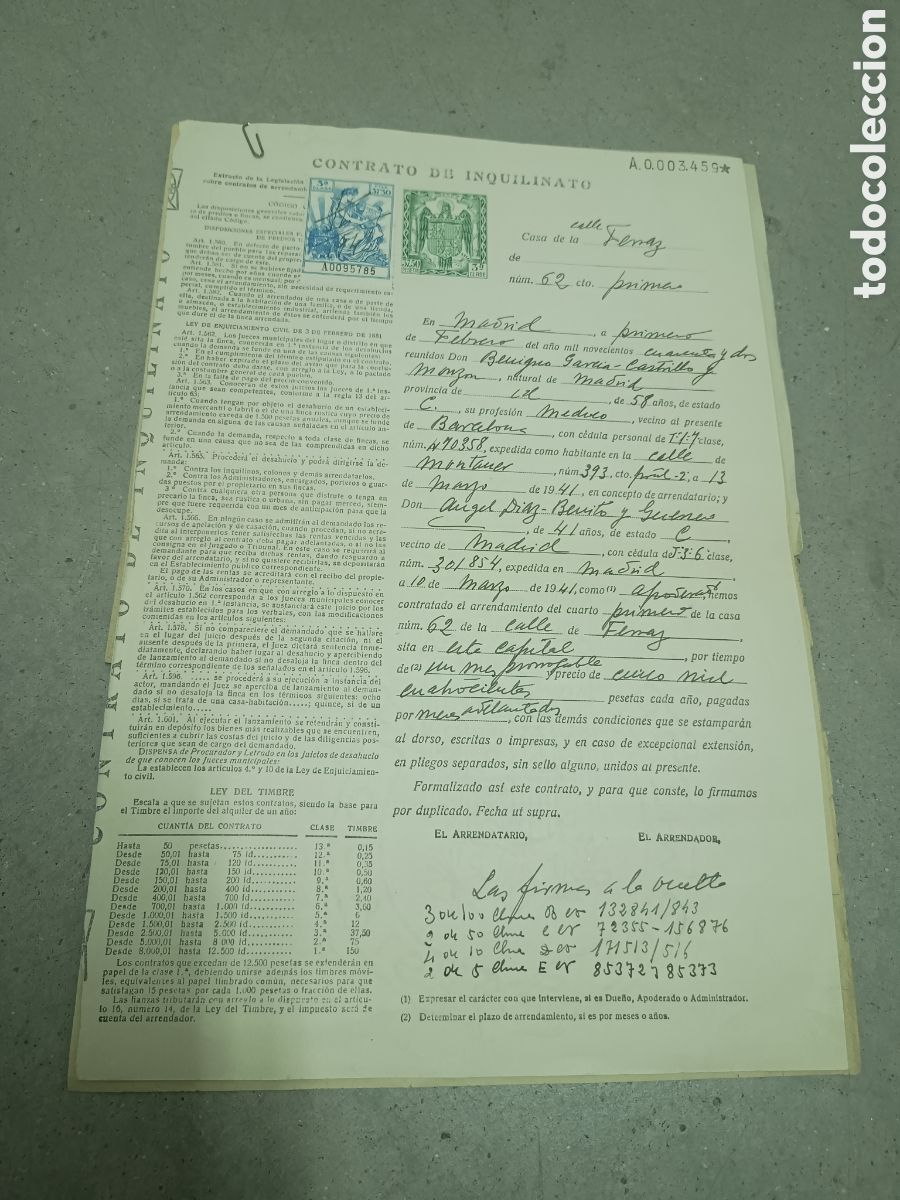 Ancient Manuscripts: MADRID 1941 CONTRATO DE INQUILINATO EN LA CALLE FERRAZ