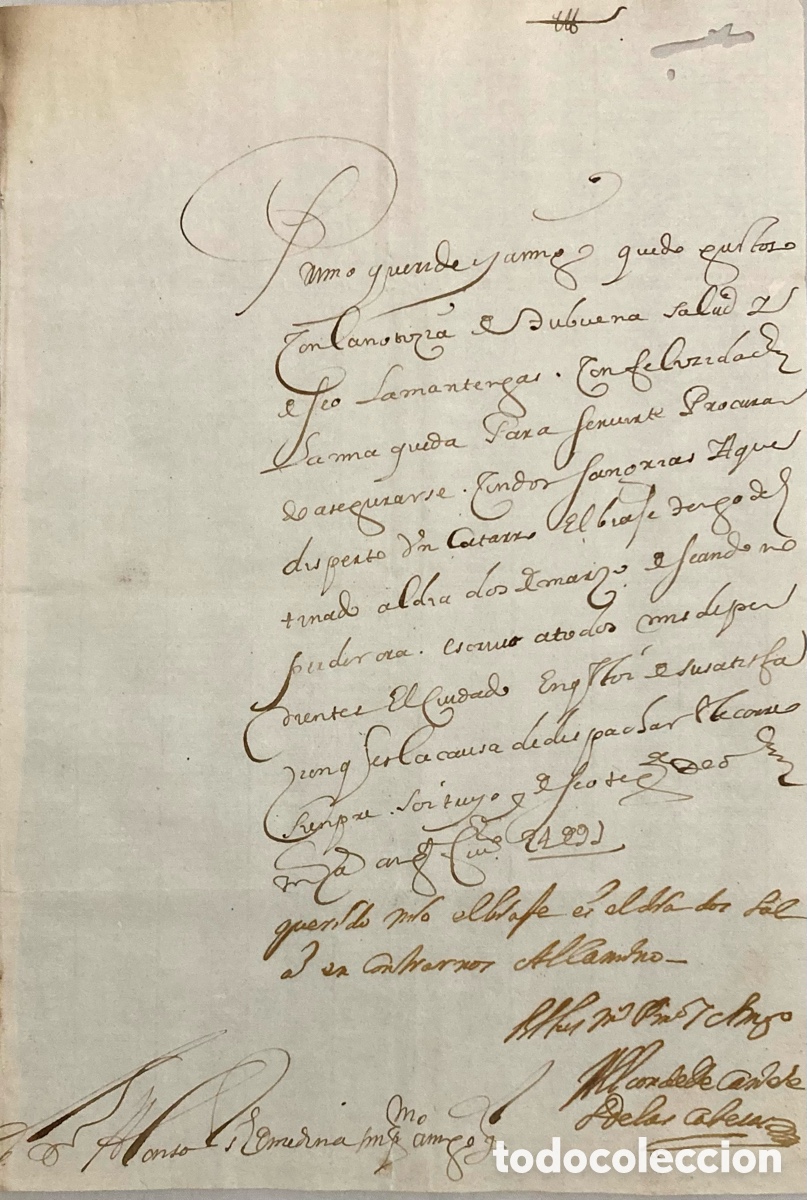 Manuscritos antiguos: Carta manuscrita del Conde de Ca&ntilde;ete al General Alonso de Medina, Azangaro - Per&uacute;. 1693.