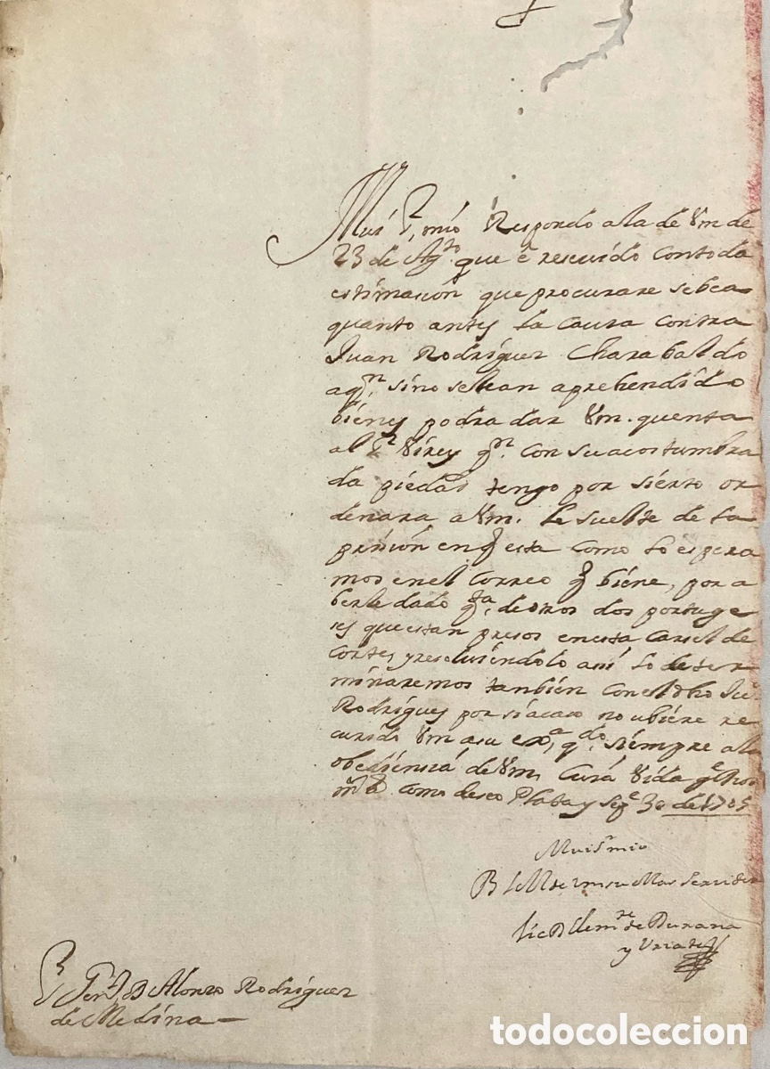 Manuscritos antiguos: Carta manuscrita desde la Plata de Durana y Uriarte a D. Alonso de Medina. 1705.