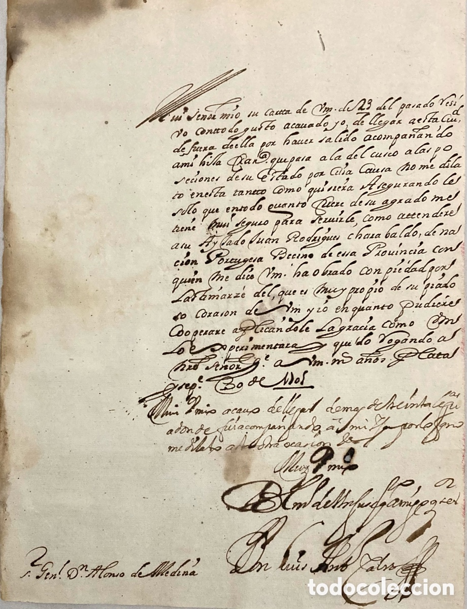 Manuscritos antiguos: Carta manuscrita D. Luis Calvo a D. Alonso Medina, la plata - Per&uacute;. 1705.