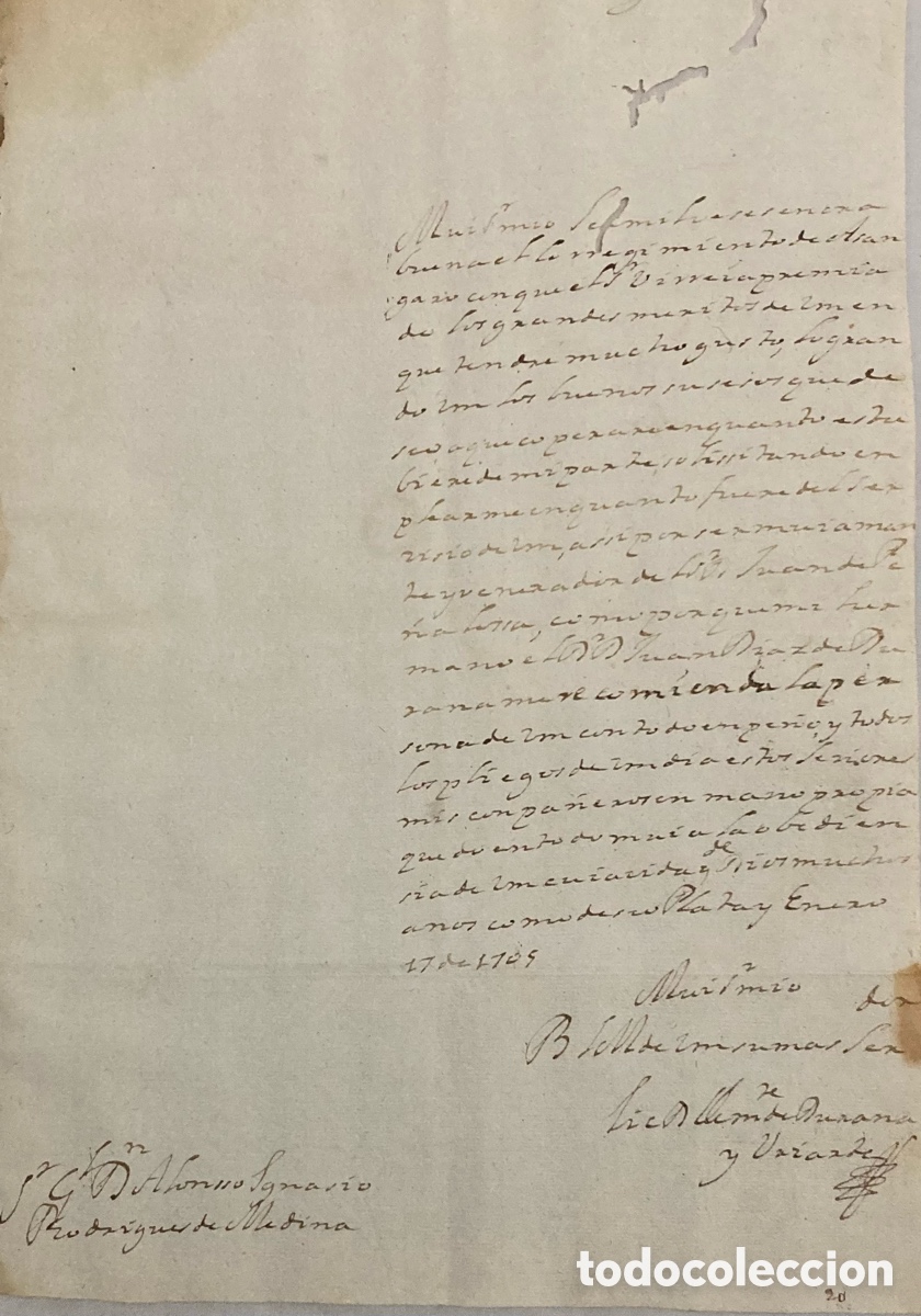 Manuscritos antiguos: Carta manuscrita de D. Clemente Durana a D. Alonso, desde La Plata. 1705.