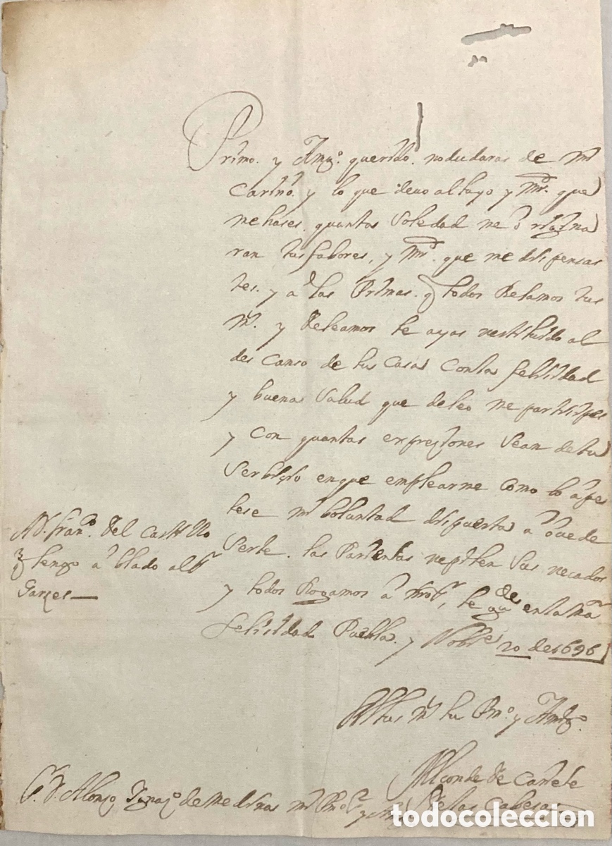 Manuscritos antiguos: Carta manuscrita del Conde Ca&ntilde;ete al General Alonso de Medina. Per&uacute;. 1696.