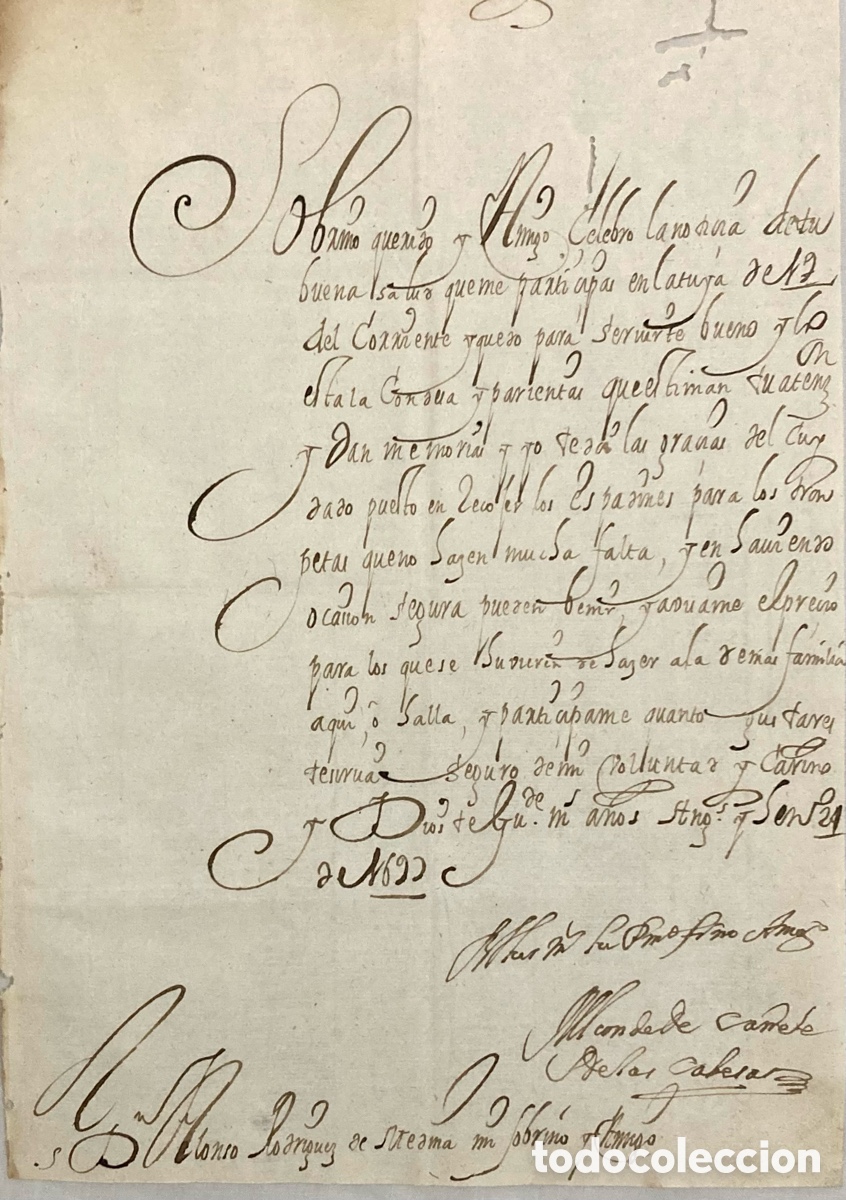 Manuscritos antiguos: Carta manuscrita del Conde de Ca&ntilde;ete al General D. Alonso Rodriguez de Medina. Per&uacute;, 1693.