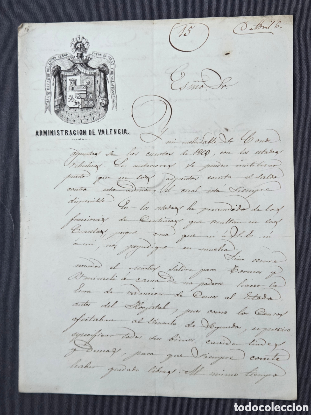 Manuscritos antiguos: VALENCIA 1864 CARTA CON MEMBRETE DEL CONDE DE CIRAT.