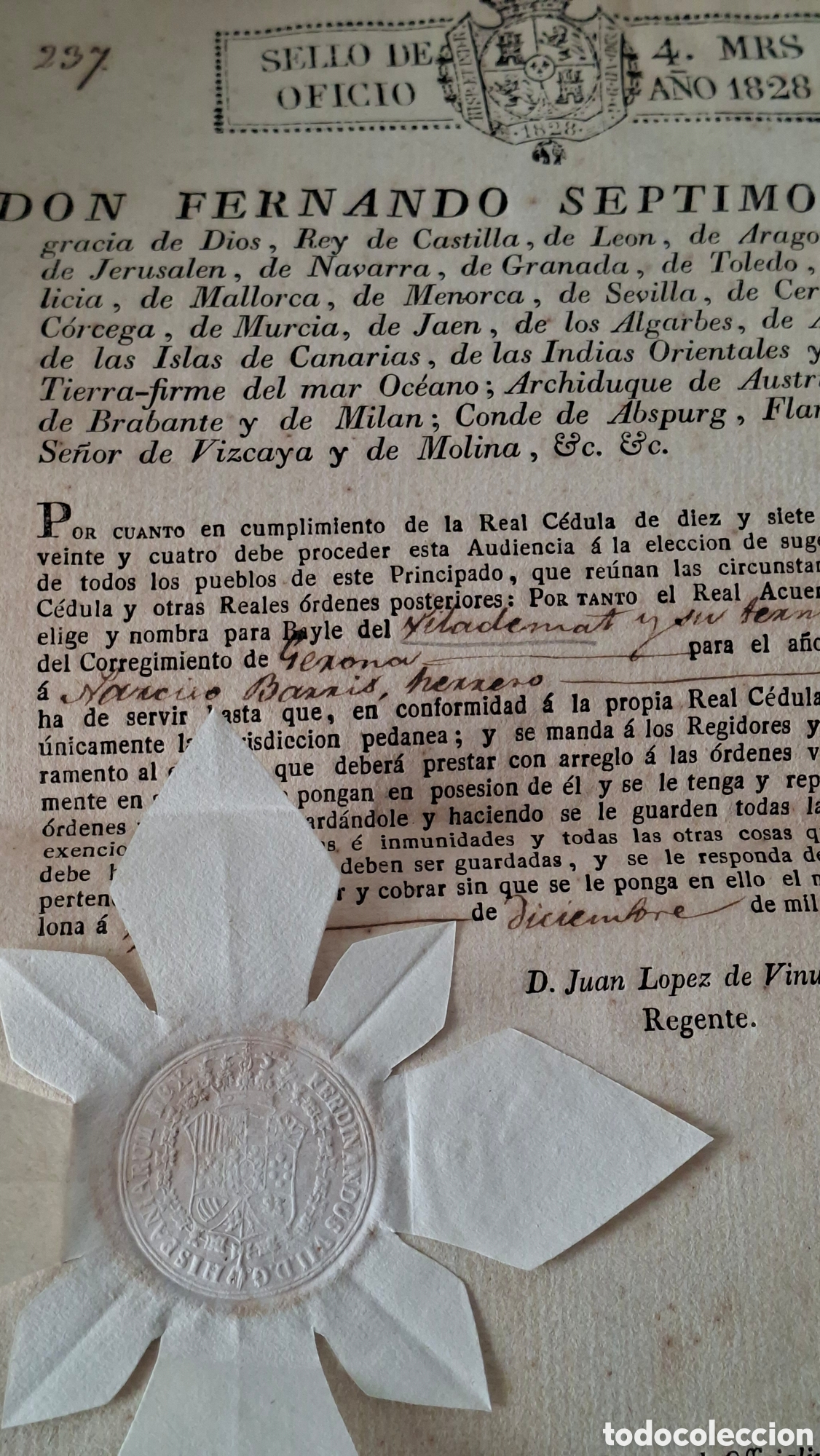 Manuscritos antiguos: Fernando VII documento c&eacute;dula Real T&iacute;tulo de Bayle Vilademat Gerona 1828