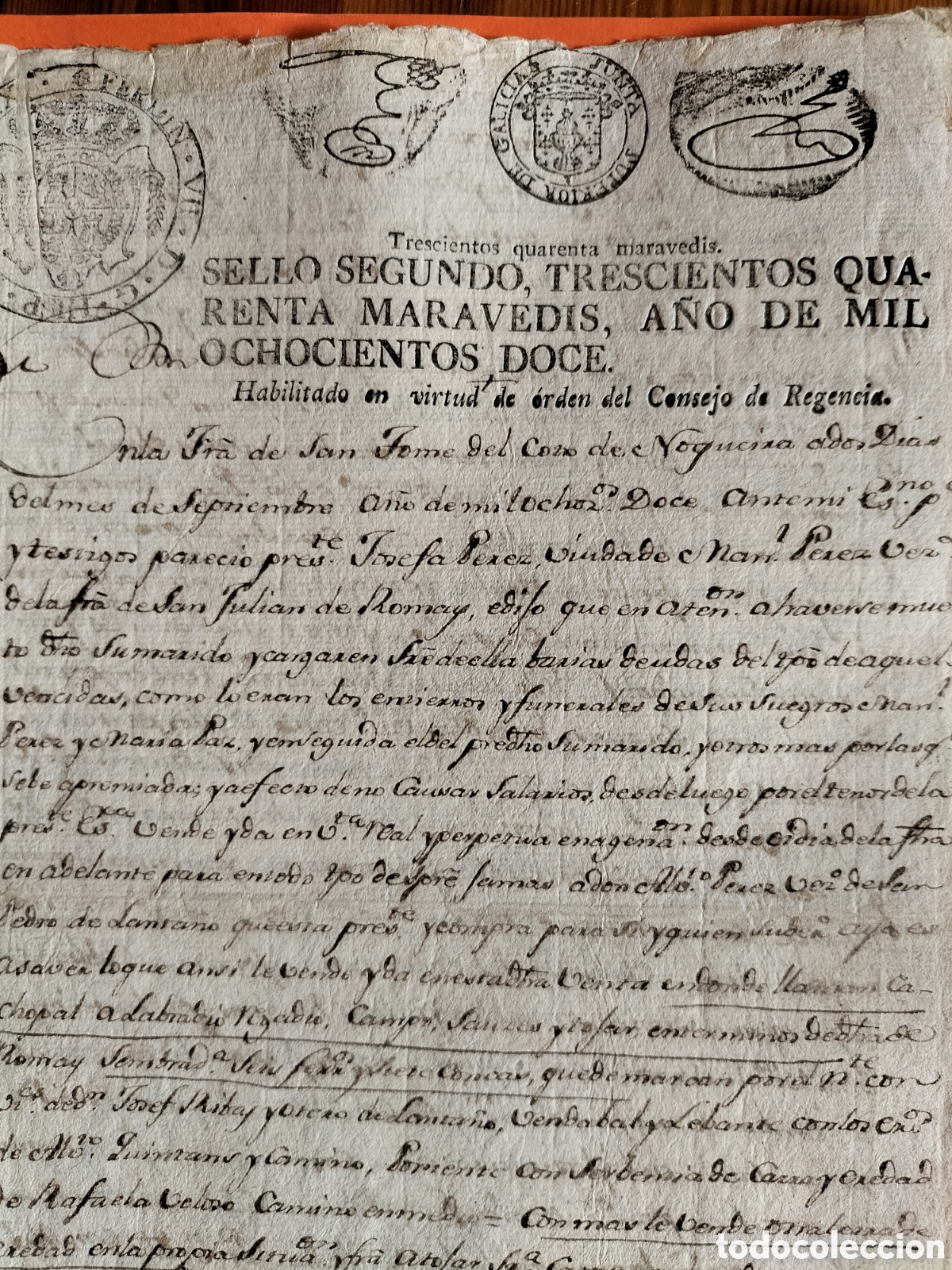 Manuscritos antiguos: Timbrologia. Santo Tom&eacute; de Negreira. Sello Segundo. 1812.
