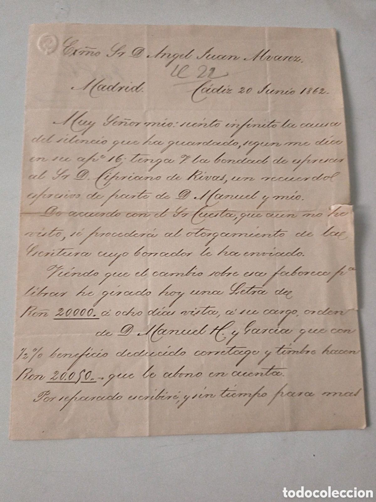 Manuscritos antiguos: Carta manuscrita 1862. Sello Isabel II.
