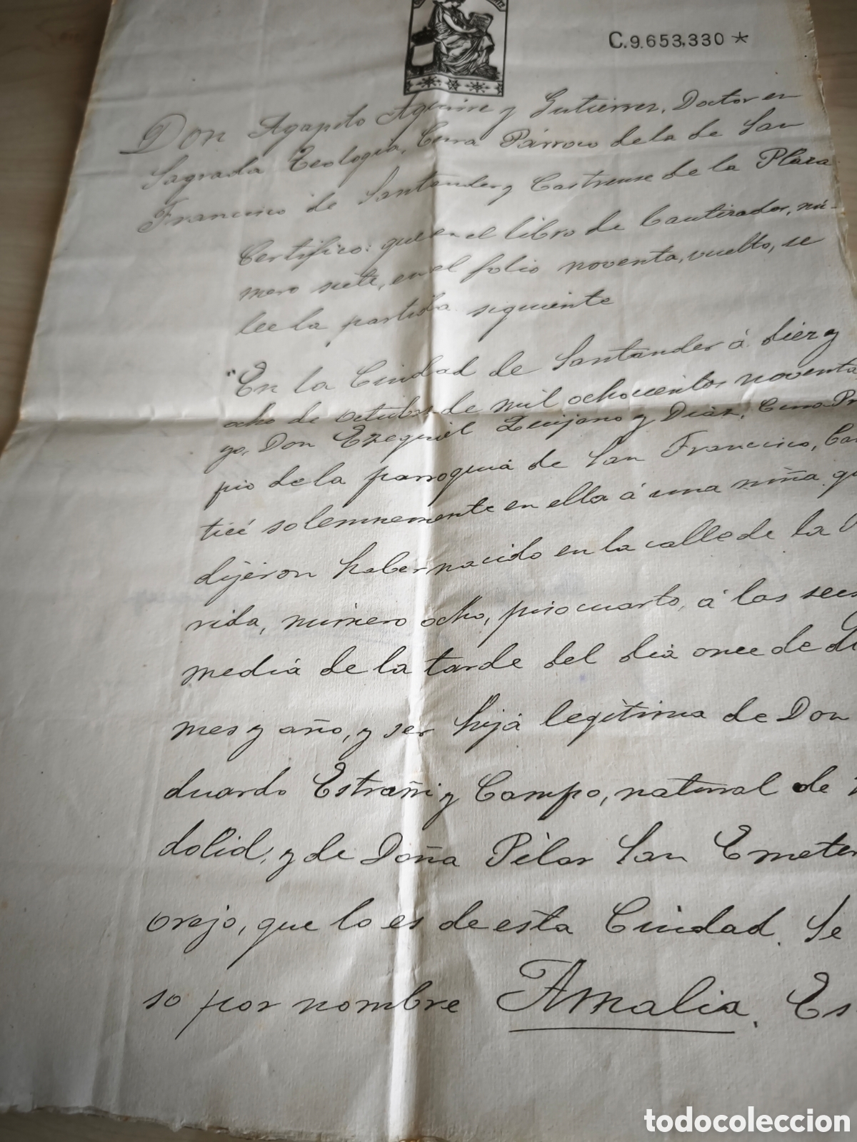 Manuscritos antiguos: Santander. Fe de bautismo de la nieta de D Jos&eacute; Estra&ntilde;i y Grau, hija