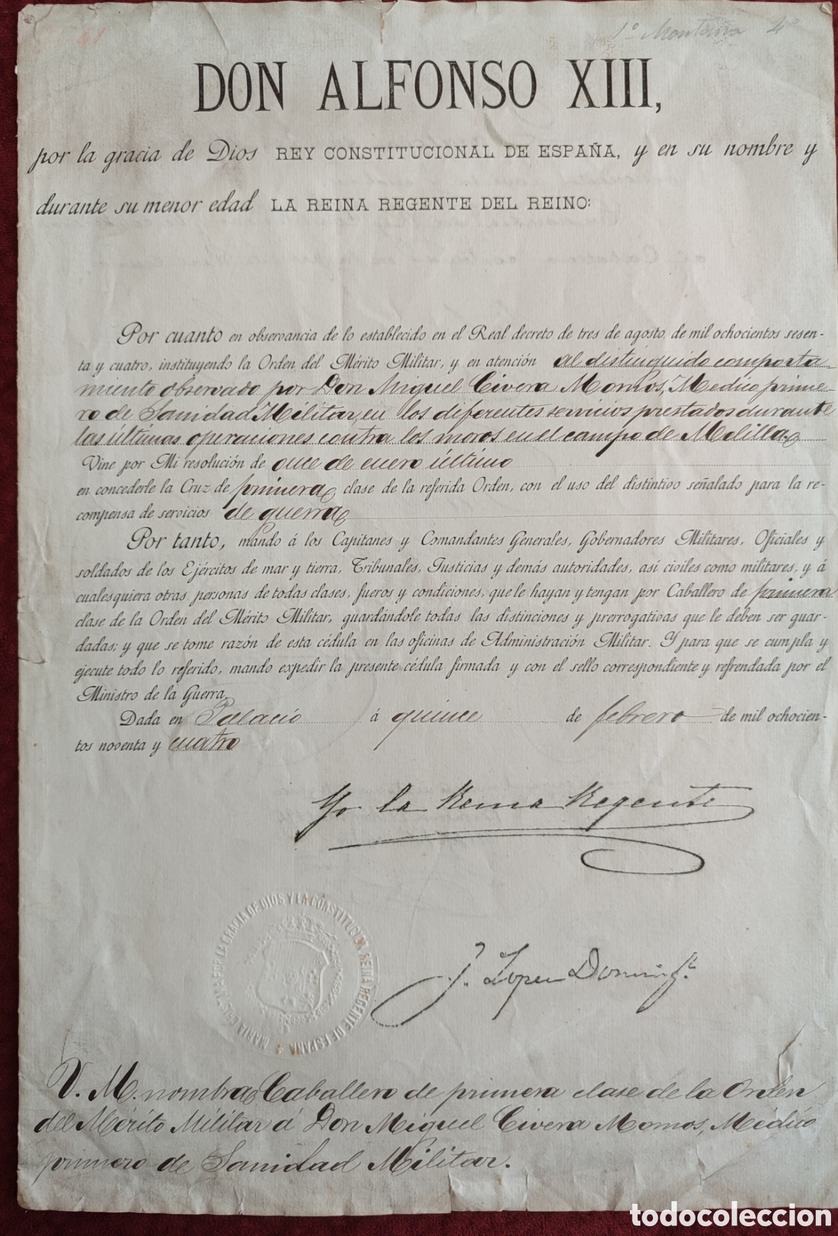 Manuscritos antiguos: M&eacute;rito Militar firmado Valeriano Weyler