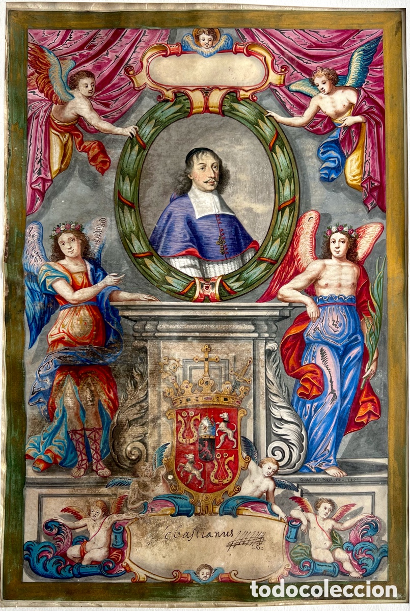 Manuscritos antiguos: Frontispicio en vitela miniada. 1679, firmada.
