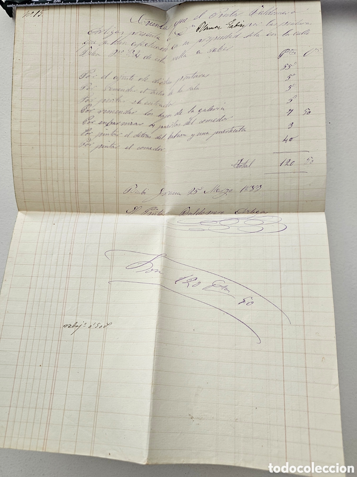 Manuscritos antiguos: ​Documento manuscrito de 1883 - Factura / Cuenta de Pintura de Baldomero Artigas Ramon Fabr&eacute;s