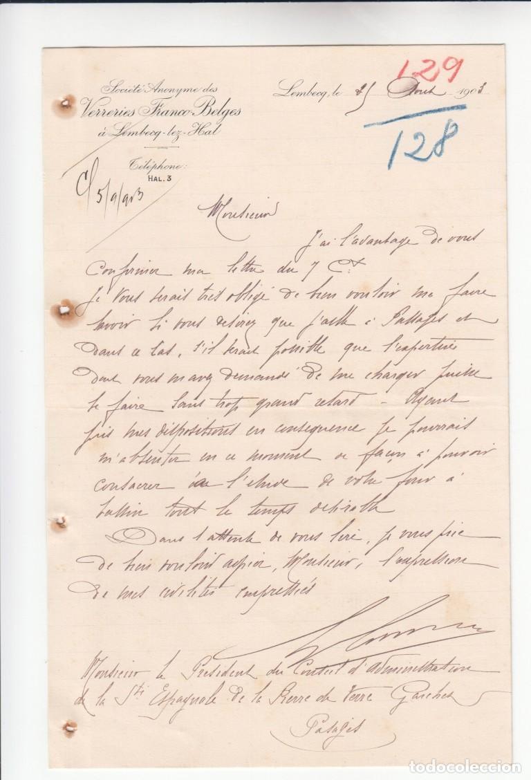 Manuscritos antiguos: Carta manuscrita Societe Anonyme des Verrerie Franco &ndash; Belges a Lambecq-lez-Hal 1903