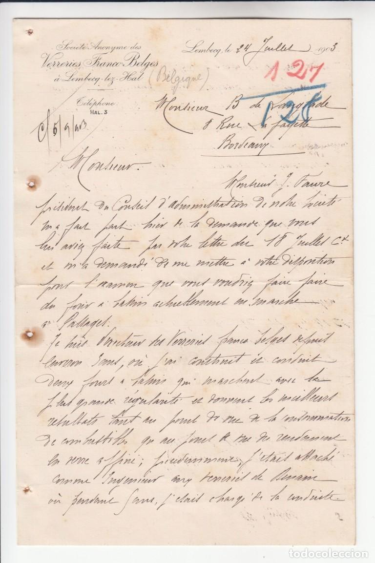 Manuscritos antiguos: Carta manuscrita Societe Anonyme des Verrerie Franco &ndash; Belges a Lambecq-lez-Hal 1903