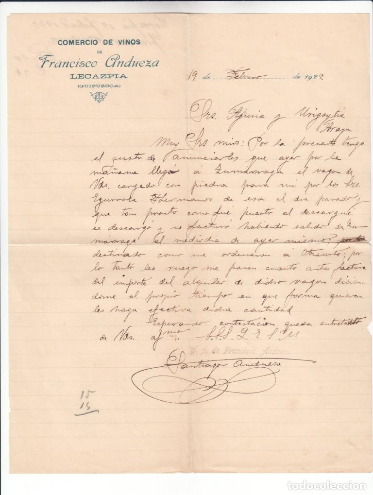 Manuscritos antiguos: Carta manuscrita Comercio de vinos de Francisco Andueza - Lecazpiz Guip&uacute;zcoa 1922