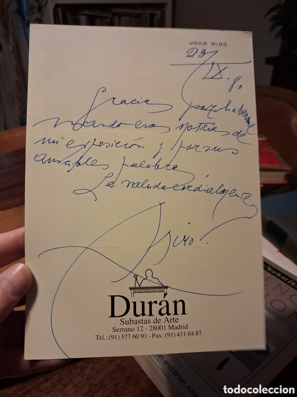 Manuscritos antiguos: Nota manuscrita firmada por Joan Mir&oacute;