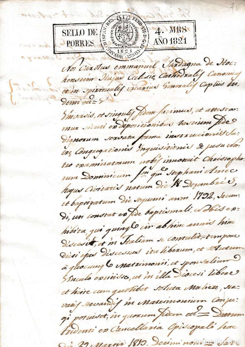 Manuscritos antiguos: 1821 SELLO FISCAL POBRES 4 MRS CAROLUS EMMANUEL SARDAGNA DE HOHENSTEIN. ESCRITO EN LATIN