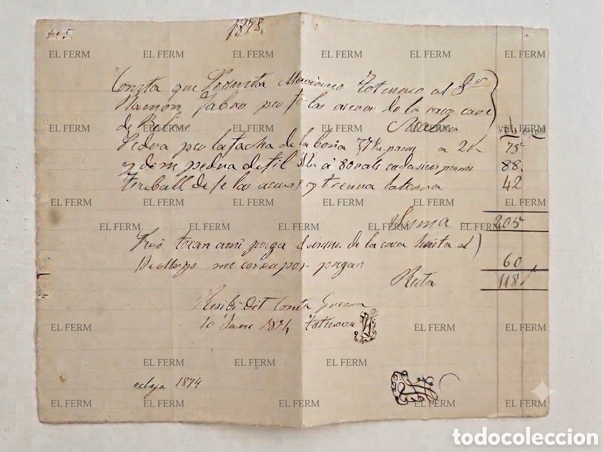 Manuscritos antiguos: ​Documento manuscrito de 1874 &ndash; Recibo de obra Mariano Totussaus Ramon Fabr&eacute;s