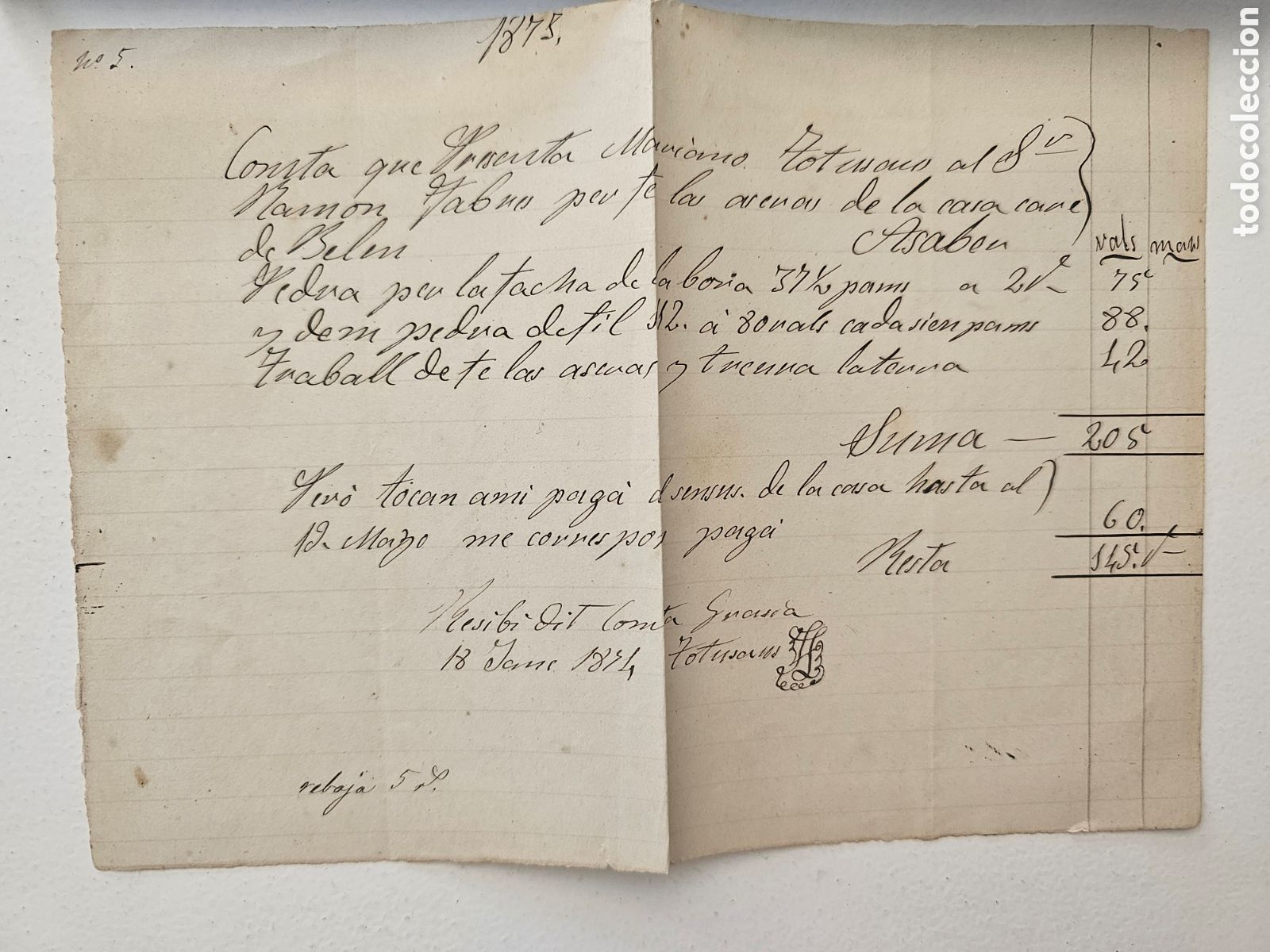 Manuscritos antiguos: ​Documento manuscrito de 1874 &ndash; Recibo de obra Mariano Totussaus Ramon Fabr&eacute;s