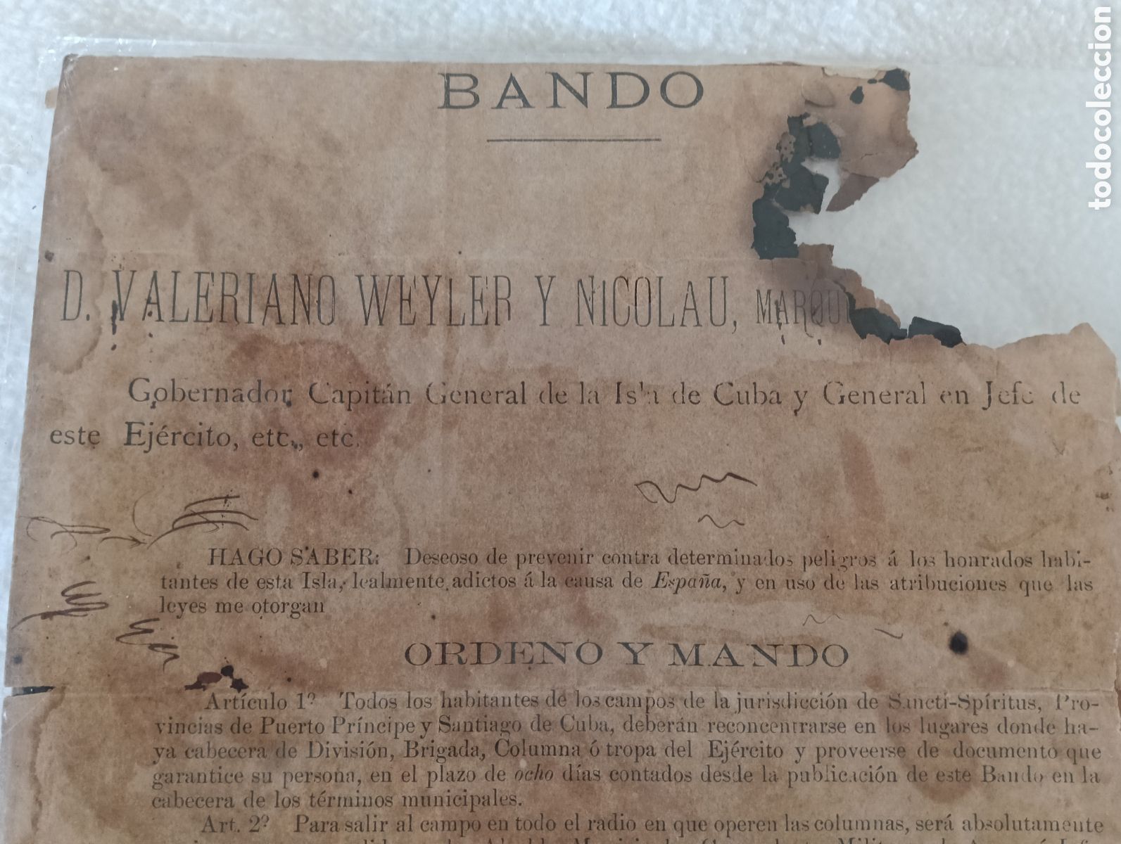 Manuscritos antiguos: &nbsp;trata&nbsp;de&nbsp;un&nbsp;Bando&nbsp;de&nbsp;Valeriano&nbsp;Weyler,&nbsp;emitido&nbsp;en&nbsp;La&nbsp;Habana&nbsp;el&nbsp;16&nbsp;de&nbsp;febrero&nbsp;de&nbsp;1896,