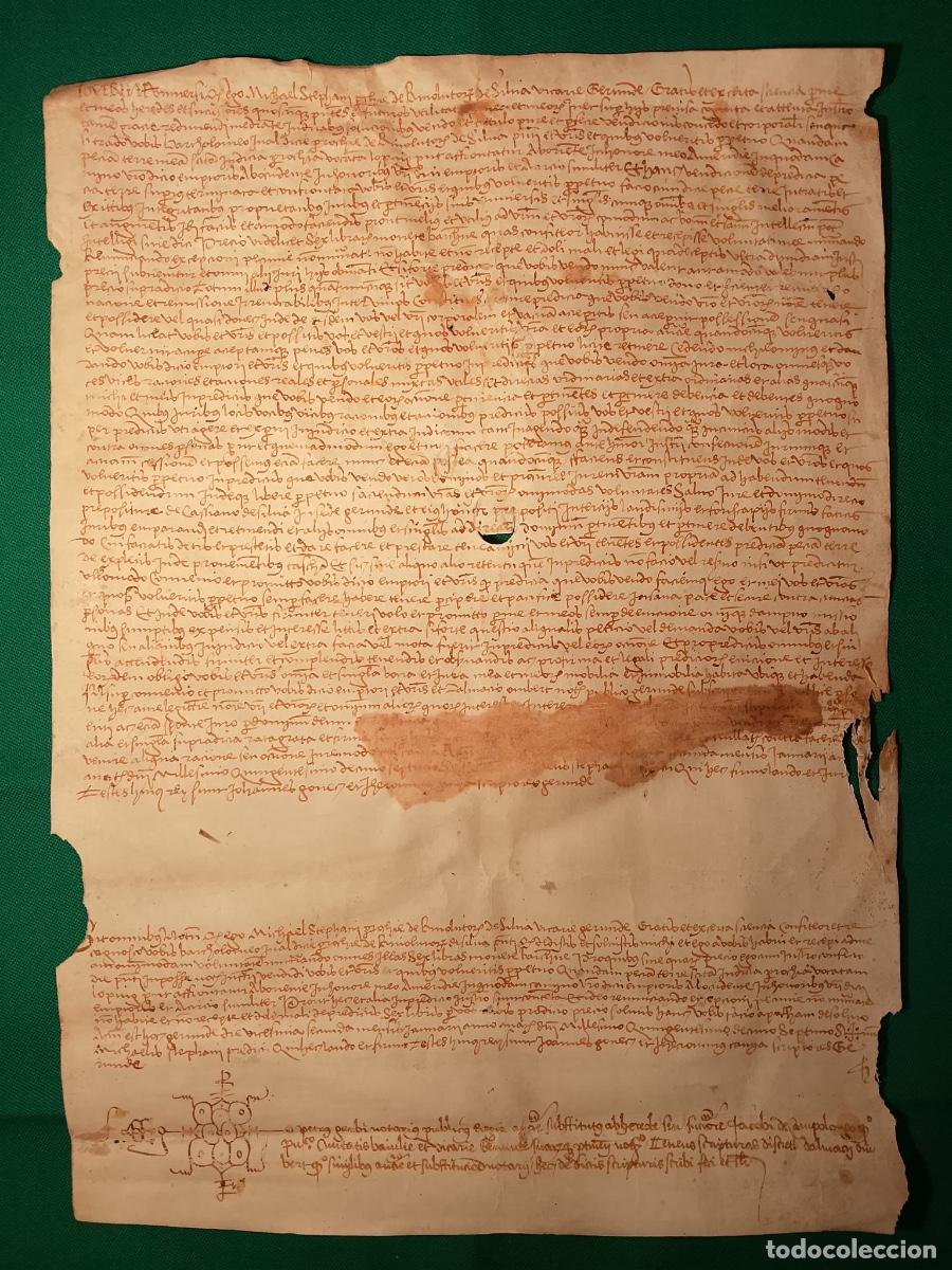 Manuscritos antiguos: Manuscrito jur&iacute;dico notarial s XV Catalu&ntilde;a Gerona pergamino transacci&oacute;n