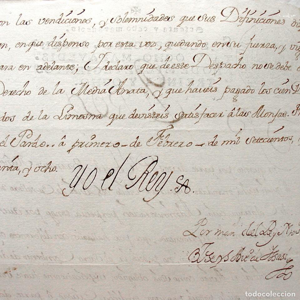 Manuscritos antiguos: 1738-DESPACHO T&Iacute;TULO RECEPCION HABITO CABALLERO CALATRAVA-FIRMA REY FELIPE V-JOSEPH YSASI CONSEJO