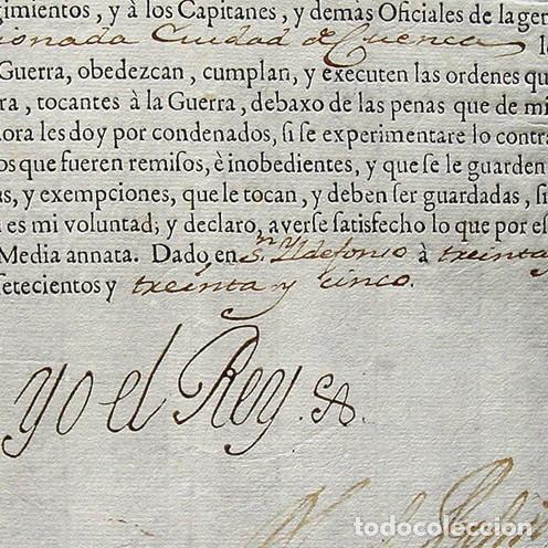 Manuscritos antiguos: 1735-TITULO CAPITAN GUERRA CUENCA-AL CORREGIDOR ORDEN CALATRAVA-FIRMA REY FELIPE V Y MINISTRO PATI&Ntilde;O