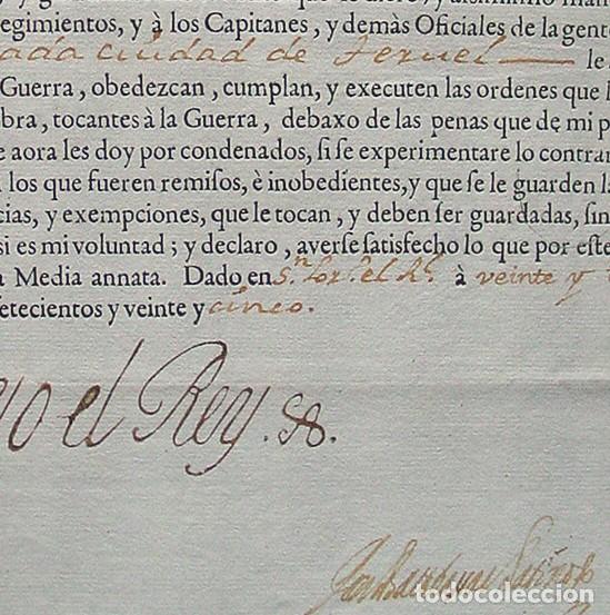 Manuscritos antiguos: A&Ntilde;O 1725. TITULO CAPITAN GUERRA TERUEL-FIRMA REY FELIPE V-A GOBERNADOR Y CABALLERO ORDEN CALATRAVA.