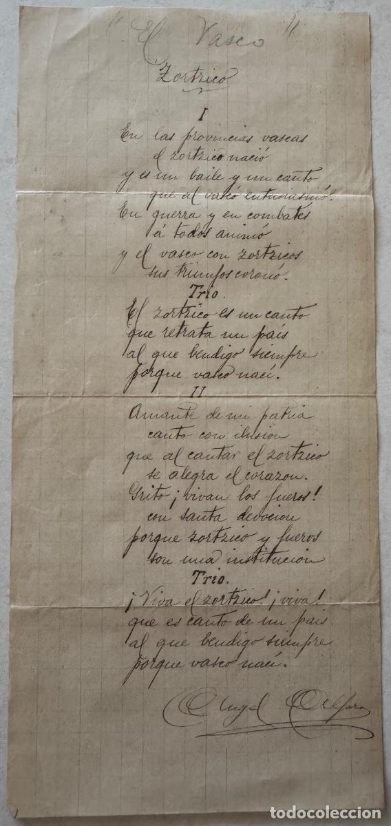 Manuscritos antiguos: ZORTRICO - ZORCICO - LETRA COMPOSICI&Oacute;N TITULADA EL VASCO - ESCRITA A FINALES DEL SIGLO XIX