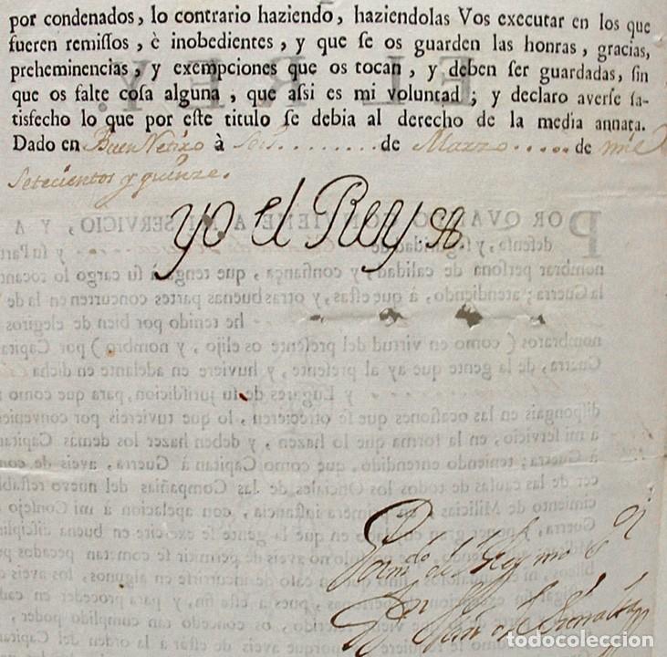 Manuscritos antiguos: 1715 ARAGON-T&Iacute;TULO DE CAPIT&Aacute;N DE GUERRA DE LA CIUDAD DE HUESCA-FIRMA REY FELIPE V- Y HOJA EN BLANCO