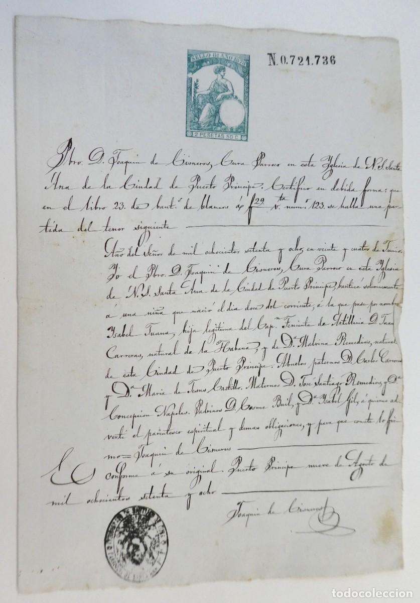 Manuscritos antiguos: Antiguo manuscrito fechado en 1878 en Puerto Principe, Joaquin de Cisneros cura P&aacute;rroco