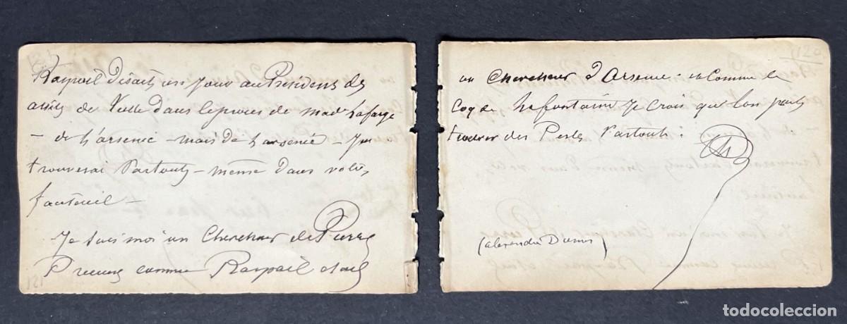 Manuscritos antiguos: Alexandre DUMAS (padre) &ndash; Tarjeta aut&oacute;grafa firmada &ndash; Buscador de perlas preciosas