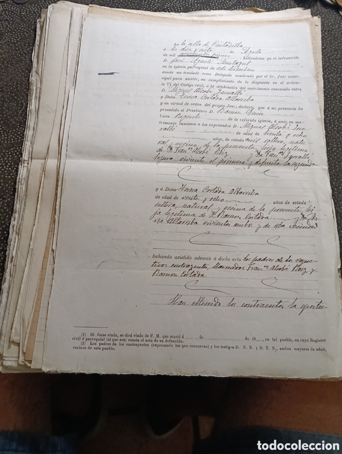Manuscritos antiguos: Lote de 55 Actas de matrimonio de CIUDADILLA (L&eacute;rida) entre 1880 y 1915, todas legibles y m&aacute;s o meno