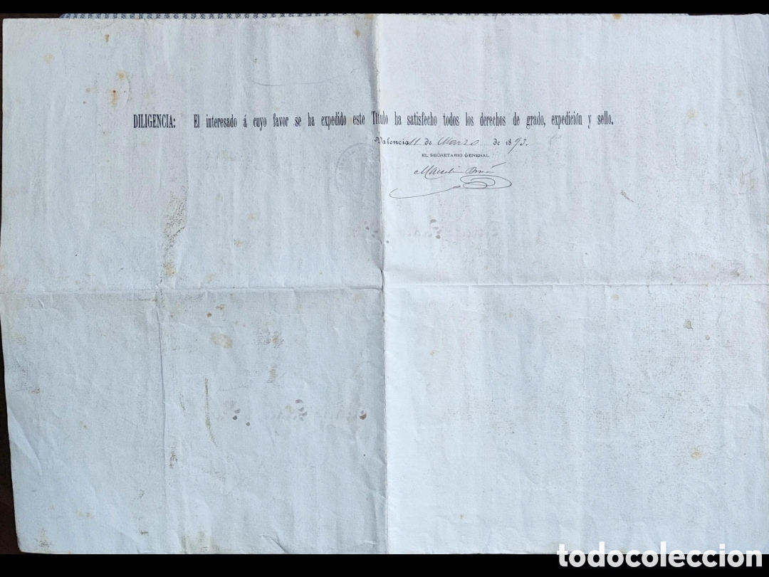 Manuscritos antiguos: T&iacute;tulo bachiller siglo XIX Gadea Pro Alicante - Foto 2
