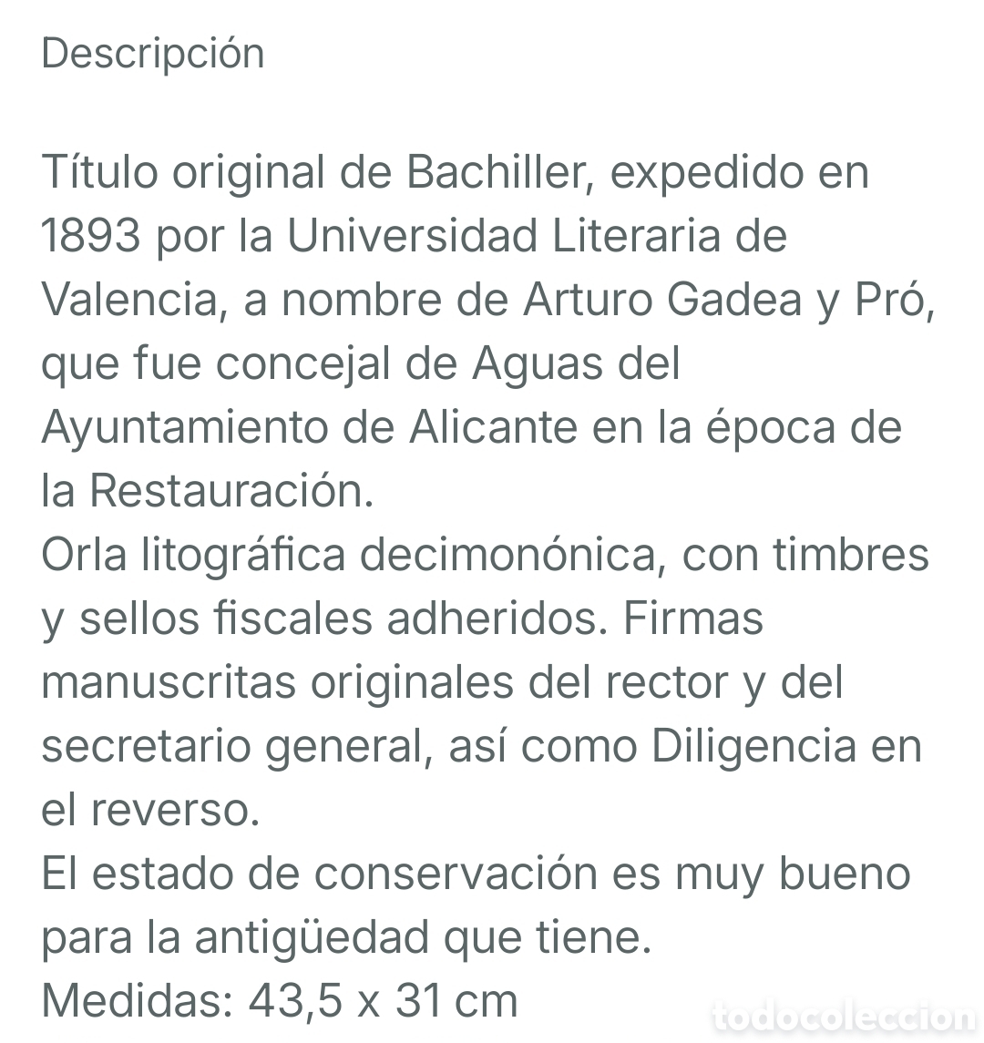 Manuscritos antiguos: T&iacute;tulo bachiller siglo XIX Gadea Pro Alicante - Foto 3