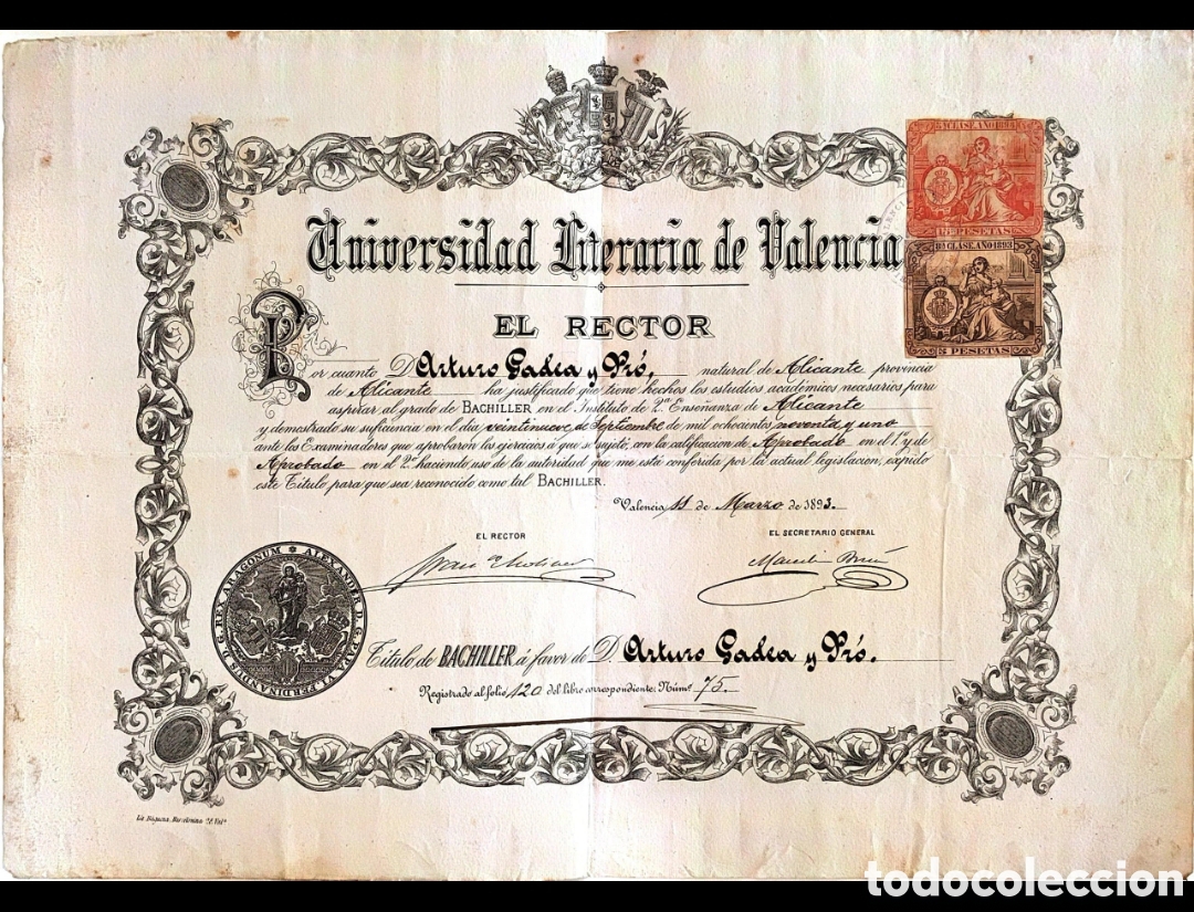 Manuscritos antiguos: T&iacute;tulo bachiller siglo XIX Gadea Pro Alicante