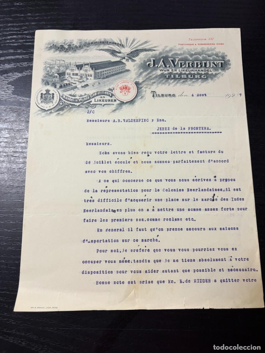 Manuscritos antiguos: CARTA COMERCIAL. J.A. VERBUNT. WIJN EN LIKEURHANDEL. COMERCIO DE VINOS Y LICORES. TILBURG, 1927