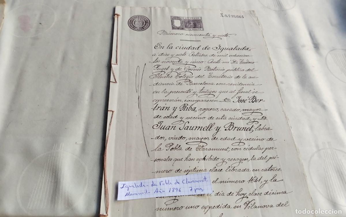 Manuscritos antiguos: IGUALADA- LA POBLA DE CLARAMUNT MANUSCRITO CON TIMBROLOGIA A&Ntilde;O 1896 , 7 PAG