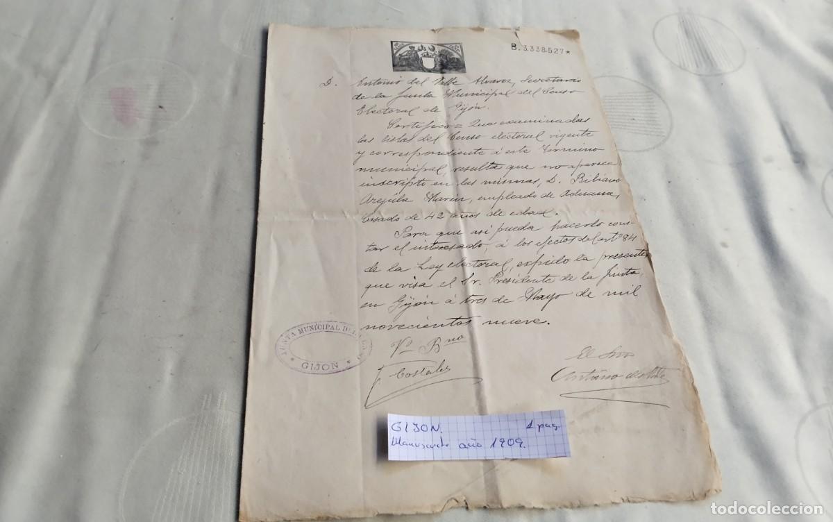 Manuscritos antiguos: GIJON MANUSCRITO CON TIMBROLOGIA A&Ntilde;O 11909 , 1 PAG