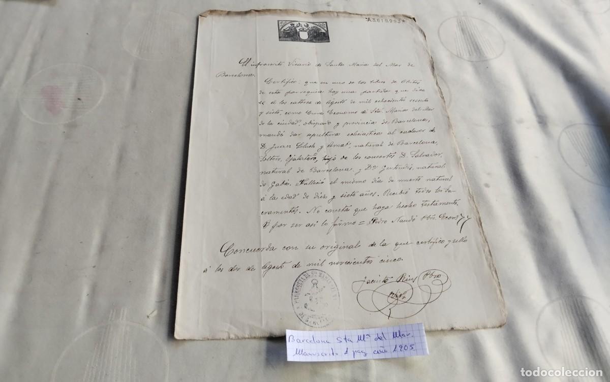 Manuscritos antiguos: BARCELONA- STA. M&ordf; DEL MAR , MANUSCRITO ANTIGUO CON TIMBROLOGIA A&Ntilde;O 1905 1 PAG