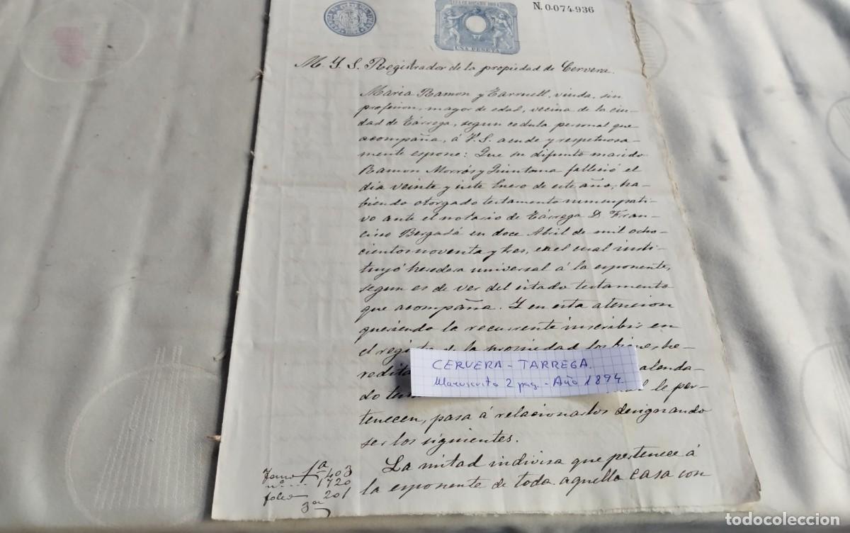 Manuscritos antiguos: CERVERA- TARREGA , MANUSCRITO ANTIGUO CON TIMBROLOGIA A&Ntilde;O 1894 2 PAG