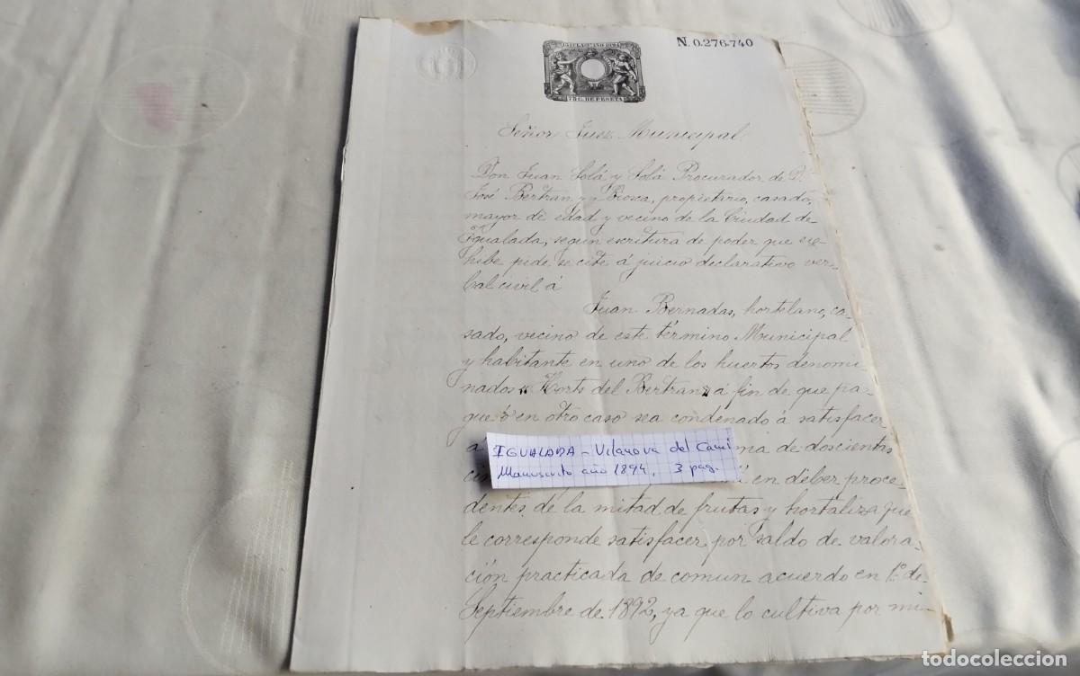 Manuscritos antiguos: IGUALADA- VILANOVA DEL CAMI , MANUSCRITO ANTIGUO CON TIMBROLOGIA A&Ntilde;O 1894 3 PAG