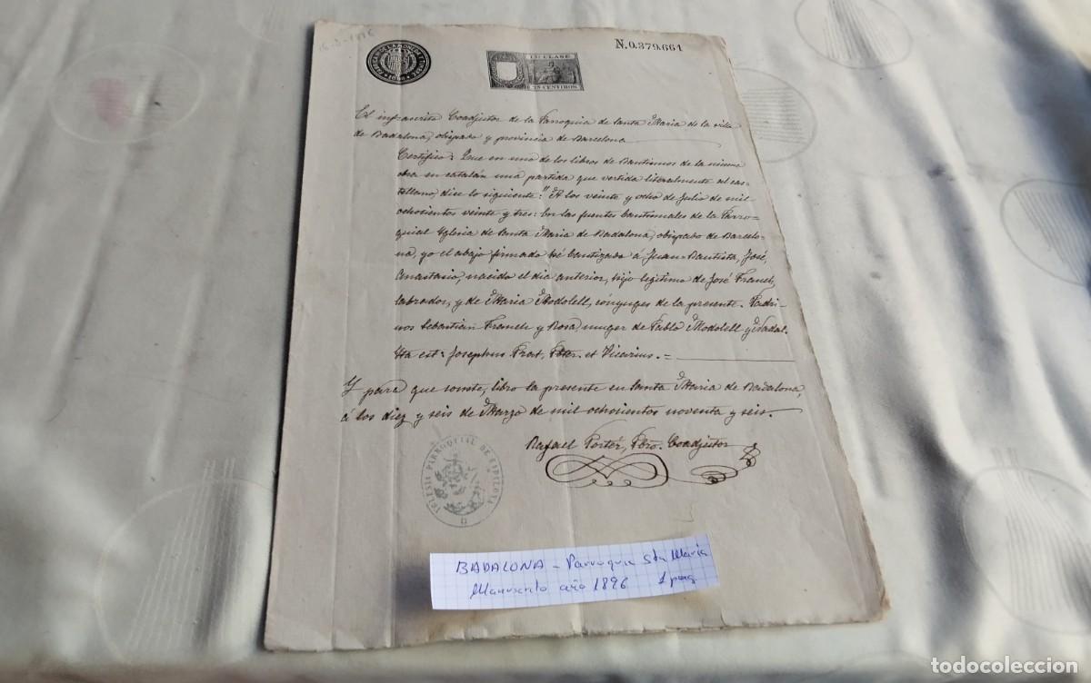 Manuscritos antiguos: BADALONA- PARROQUIA STA. MARIA , MANUSCRITO ANTIGUO CON TIMBROLOGIA A&Ntilde;O 1896 1 PAG
