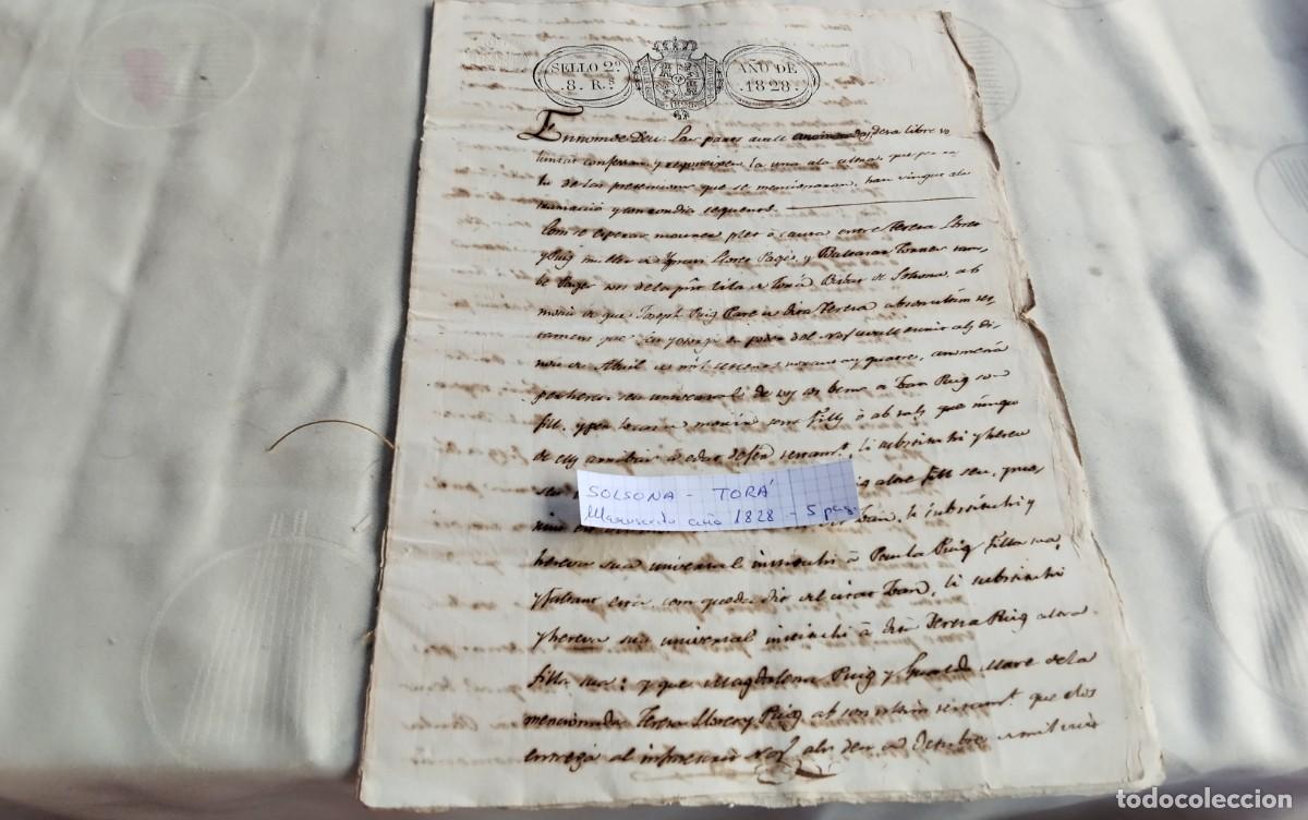 Manuscritos antiguos: SOLSONA- TORA MANUSCRITO ANTIGUO CON TIMBROLOGIA A&Ntilde;O 1828 5 PAG