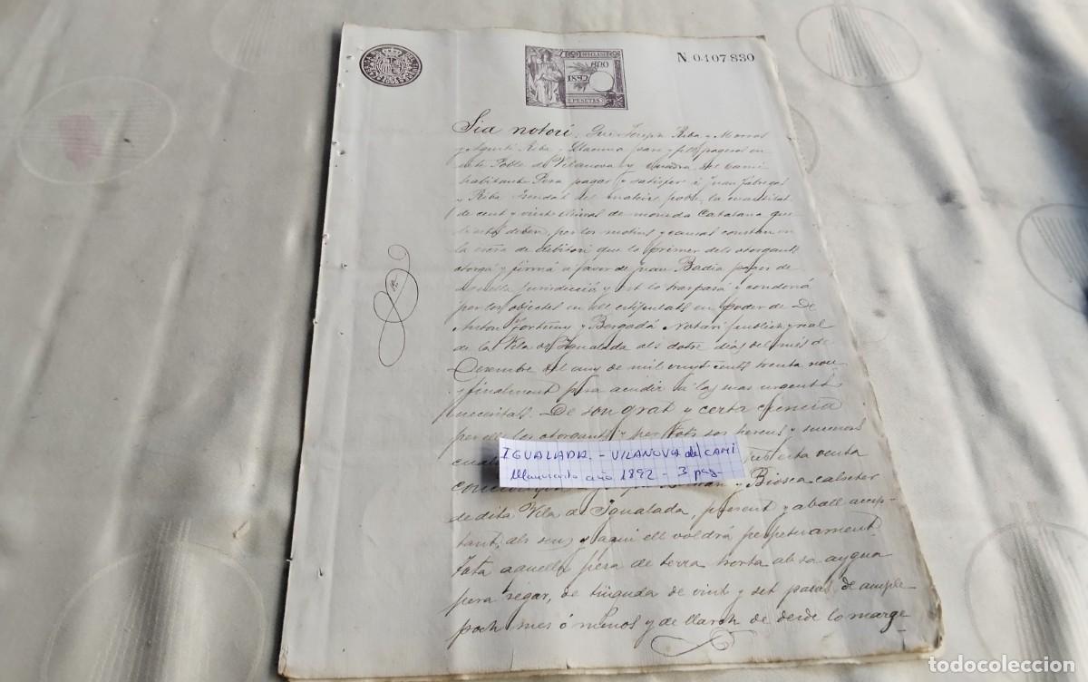 Manuscritos antiguos: IGUALADA- VILANOVA DEL CAMI MANUSCRITO ANTIGUO CON TIMBROLOGIA A&Ntilde;O 1892 3 PAG