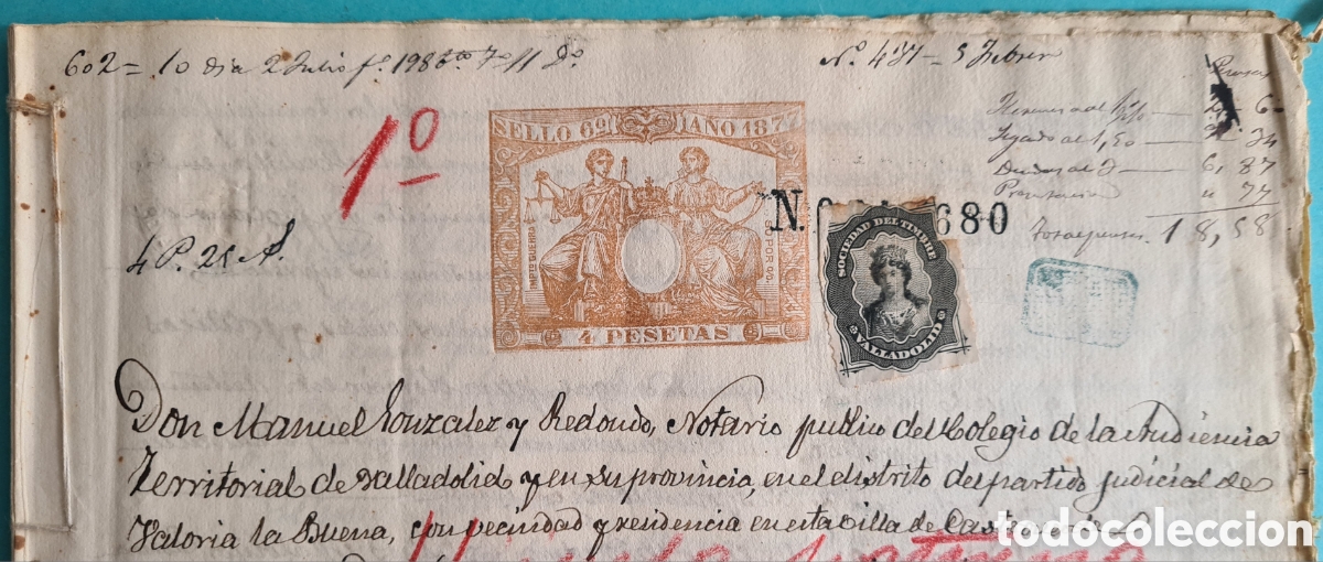 Manuscritos antiguos: VALLADOLID - FILATELIA FISCAL - PAPEL SELLADO ERROR NUMERACION DESPLAZADA - SELLO 6&ordm; 1877 I.G. 50%