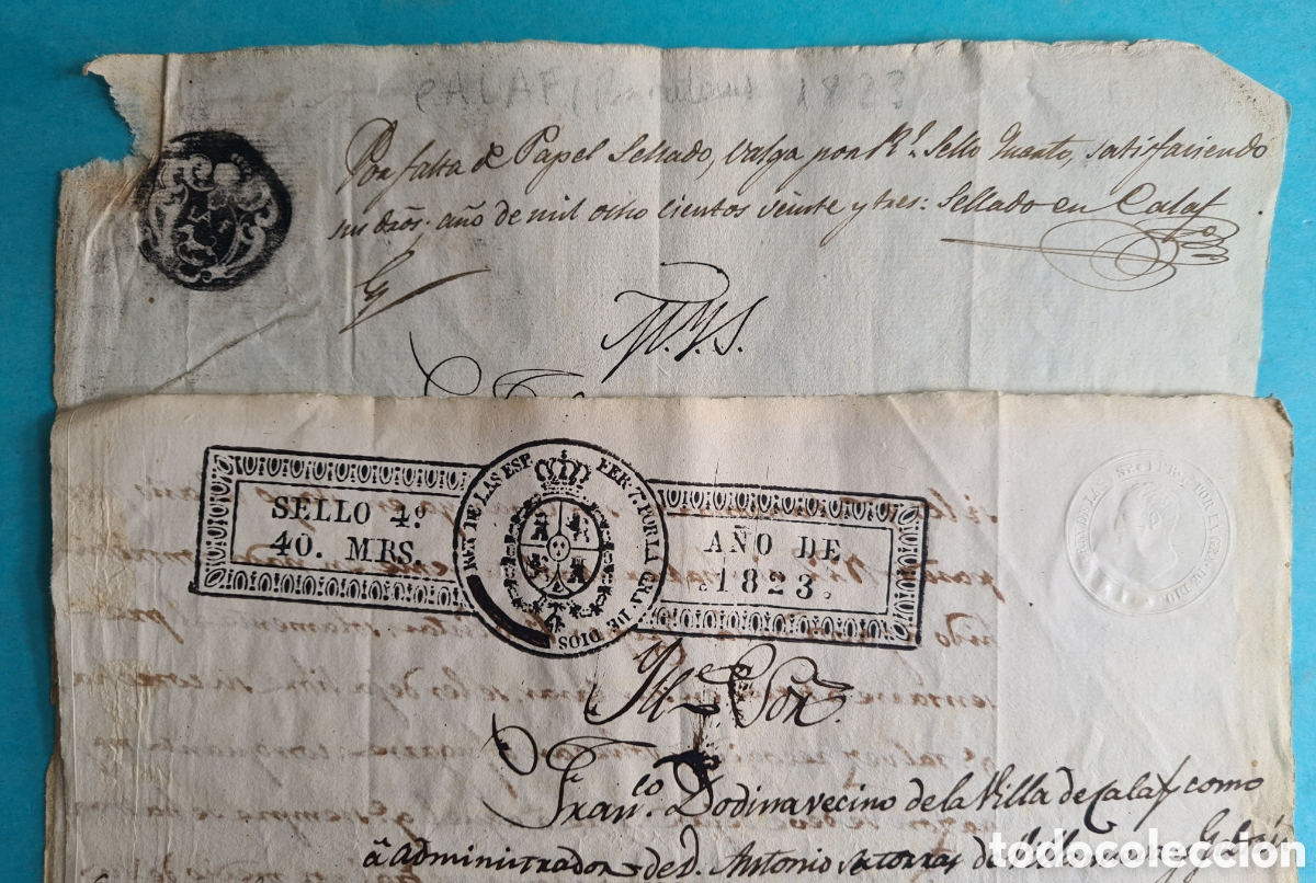 Manuscritos antiguos: CALAF BARCELONA SELLO MUNICIPAL POR FALTA DE PAPEL SELLADO + OTRO DOC. CON TIMBRE IMPRESO A&Ntilde;O 1823