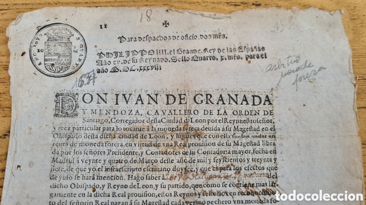 Manuscritos antiguos: LEON - FILATELIA FISCAL - PRIMER TIMBRE DE PAPEL SELLADO A&Ntilde;O 1637 DESPACHO DE OFICIO 2 MRS SELLO 4&ordm;